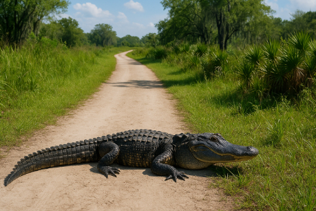 Alligator crossing a hiking trail.