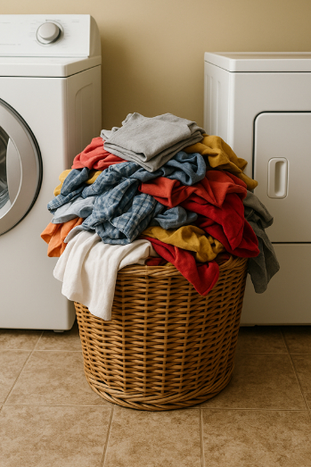 Huge pile of laundry in the laundry room.