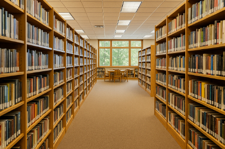 Book shelves in a library.