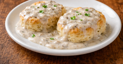 A white plate on a brown table, serving biscuits and gravy.